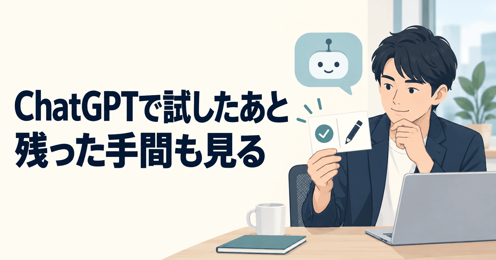 ChatGPTの吹き出しのそばで、役立った印と修正を示すメモを見直す人のイラスト