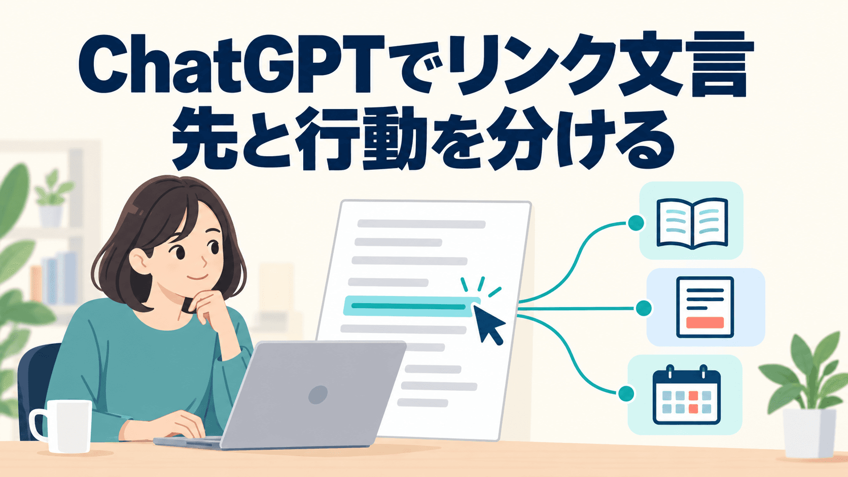 案内文を見直す人物と、ページ・フォーム・予定表を表す三つのアイコン。画像には「ChatGPTでリンク文言」「先と行動を分ける」と表示。