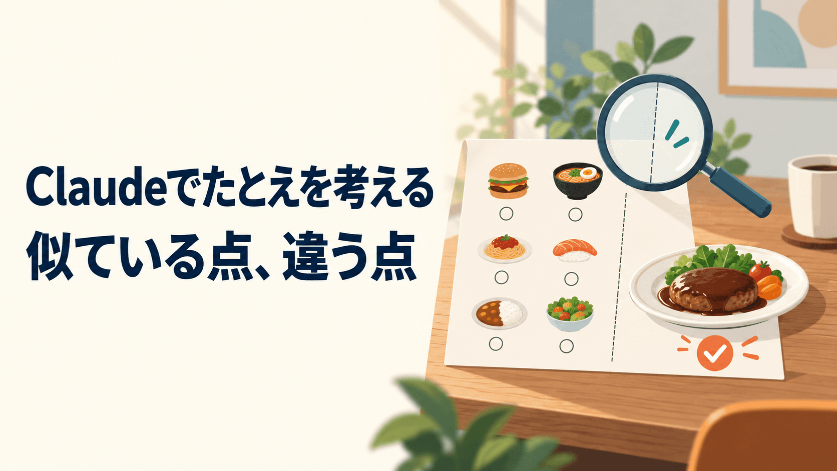 メニューの候補と注文済みの札を見比べ、似ている点と違う点を確かめる図
