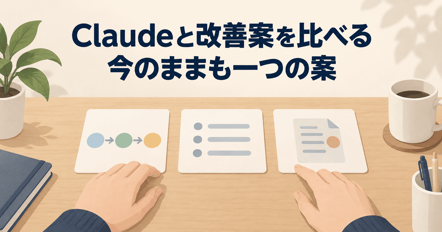 Claudeと改善案を比べる場面を描き、「今のままも一つの案」と伝えるサムネイル。