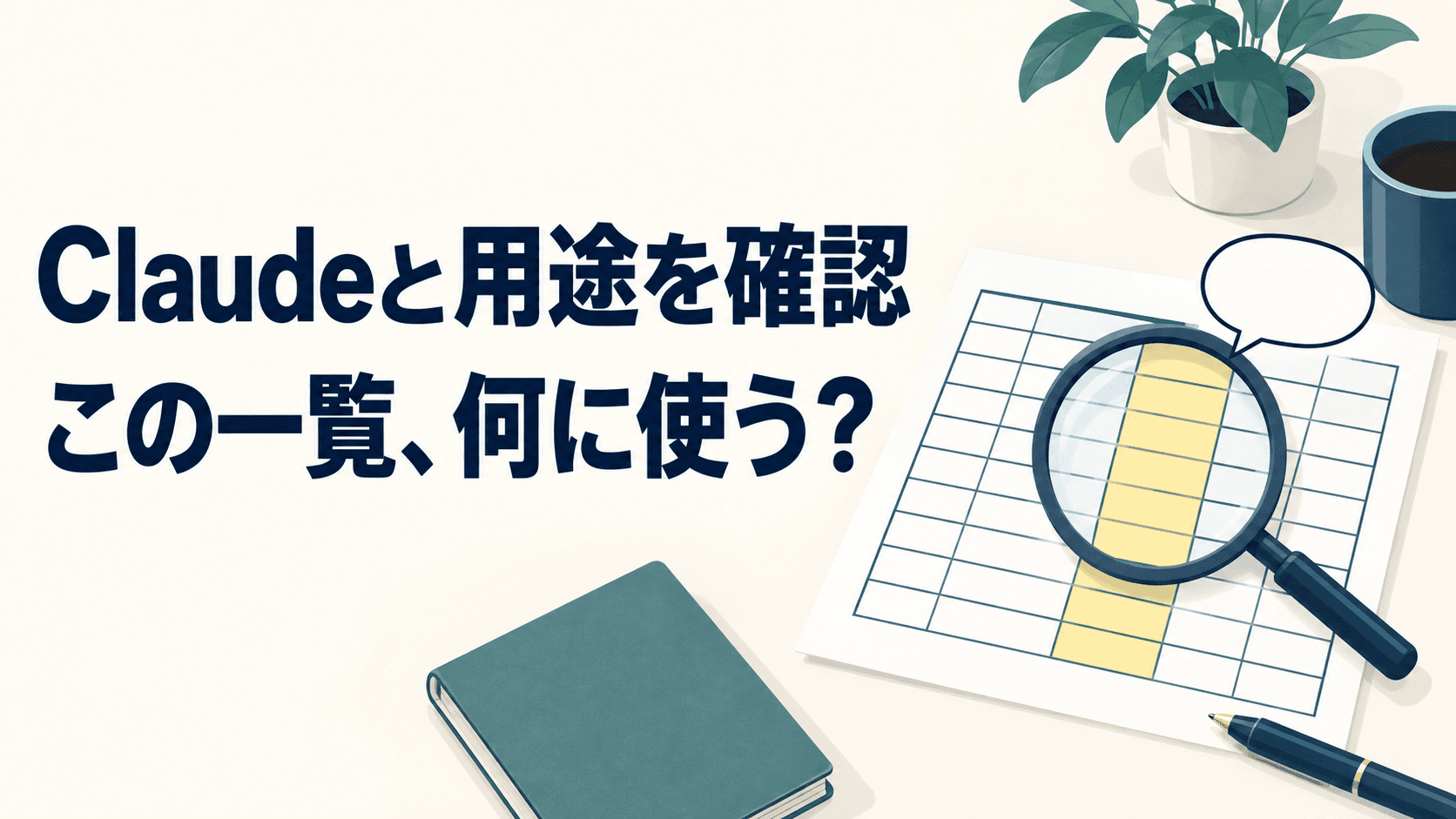 Claudeと用途を確認する見出しと、用途を尋ねる質問マーク付きの一覧表のイラスト