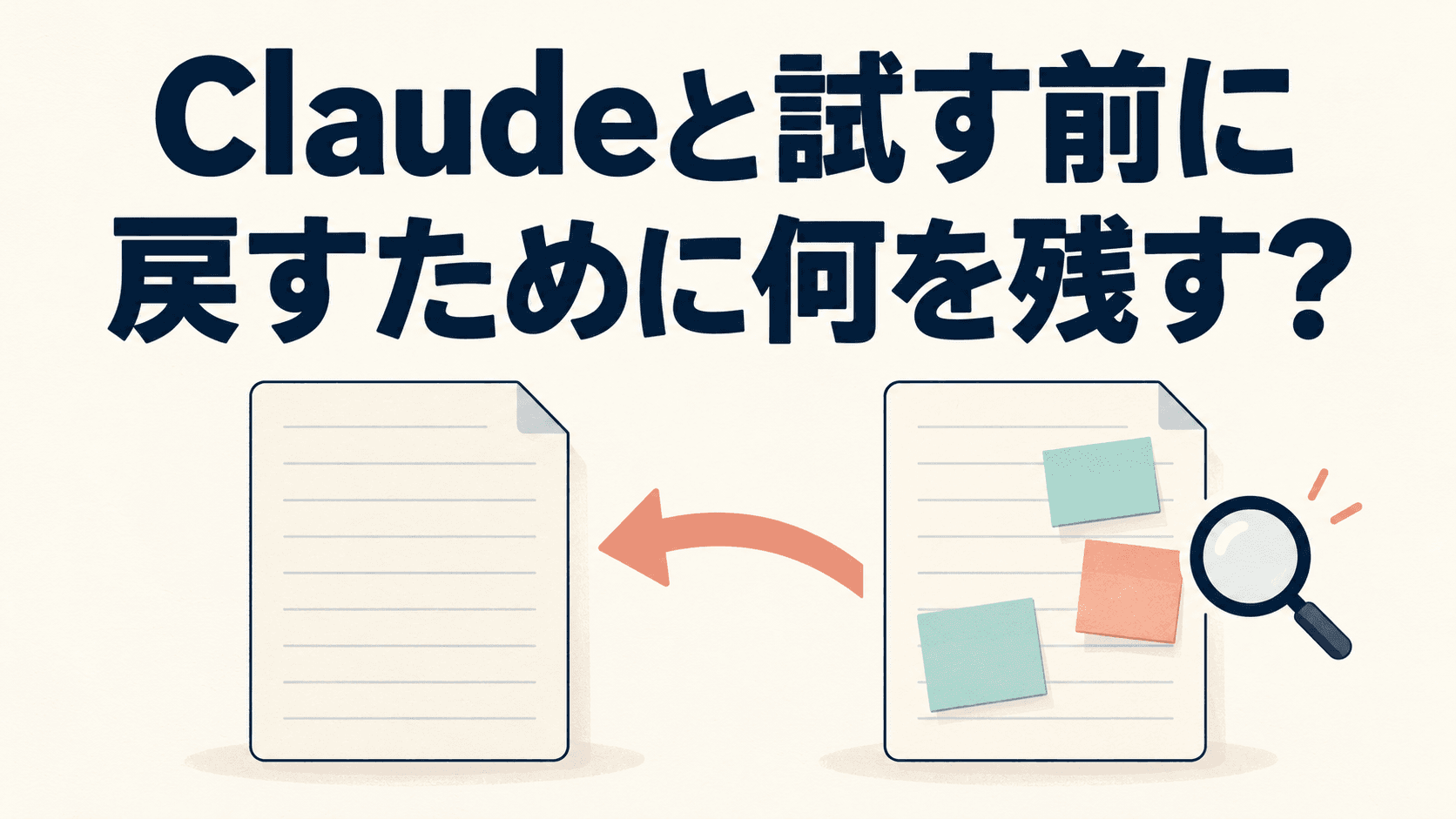Claudeと試す前に、戻すために何を残す?という見出しと、元のメモと付箋を付けた試行用メモのイラスト。