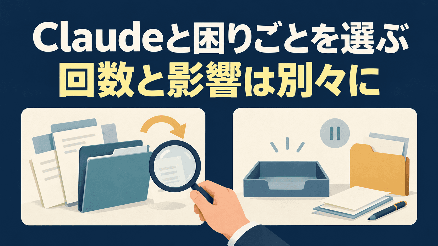 二つの作業カードと虫眼鏡のイラストに「Claudeと困りごとを選ぶ」「回数と影響は別々に」と表示したサムネイル。