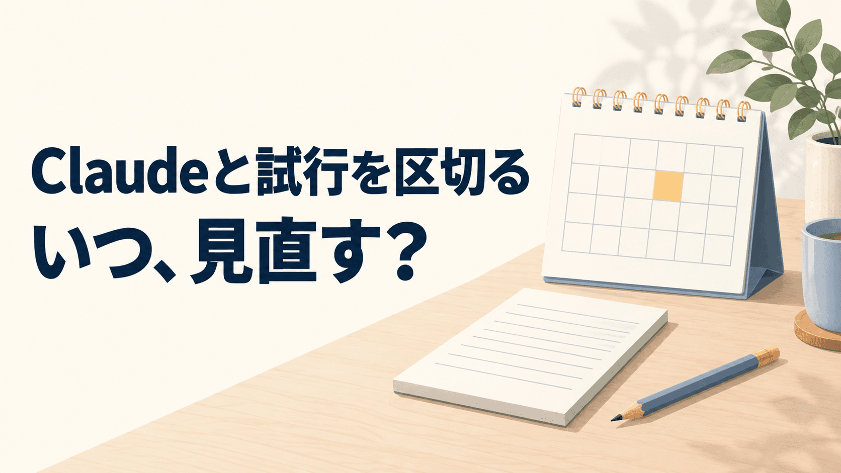 自分用の試行メモとカレンダーを置いた机のイラストに、「Claudeと試行を区切る」「いつ、見直す?」の文字。