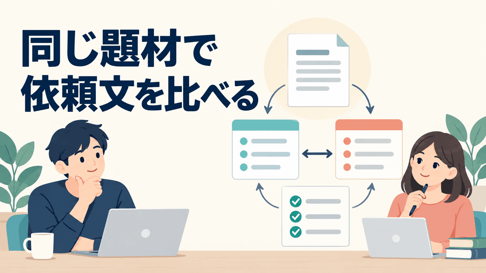 架空の案内文と確認項目を左右に並べ、二つの依頼文を見比べるイラスト