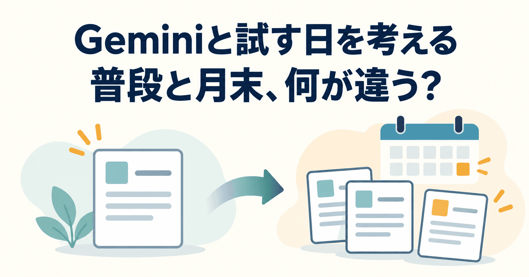一件の書類と、月末の複数の依頼やカレンダーを描いた図。上部に「Geminiと試す日を考える」「普段と月末、何が違う?」と表示されている。