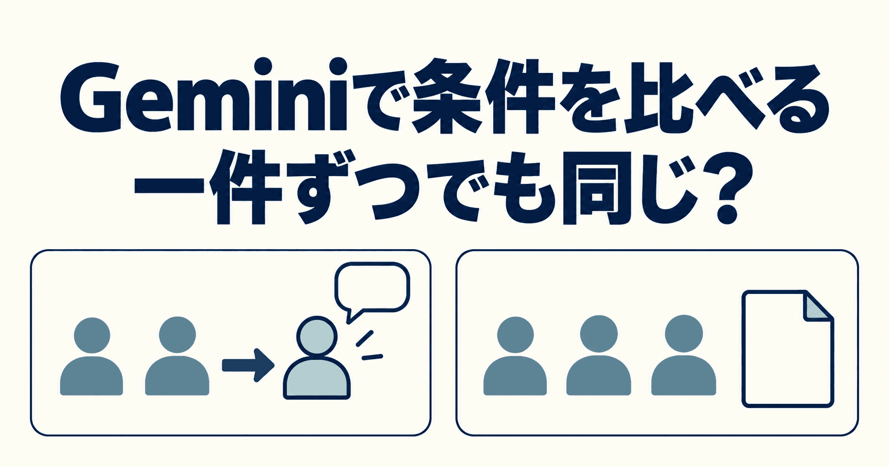 途中で人数が変わる依頼と、最初から人数が決まった依頼を並べ、『Geminiで条件を比べる』『一件ずつでも同じ?』と記したイラスト。