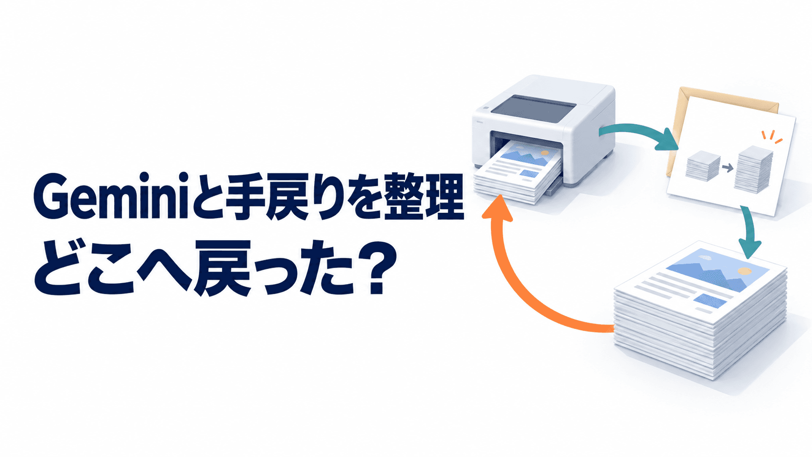 Geminiと手戻りを整理、どこへ戻った?という見出しと、印刷から再印刷へ戻る流れを描いたイラスト。
