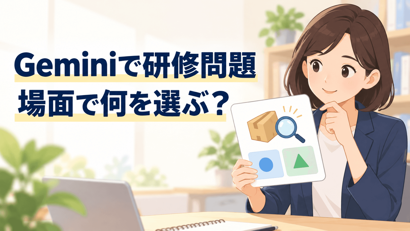 研修問題のカードと選択肢を前に、問いを考える担当者のイラスト。