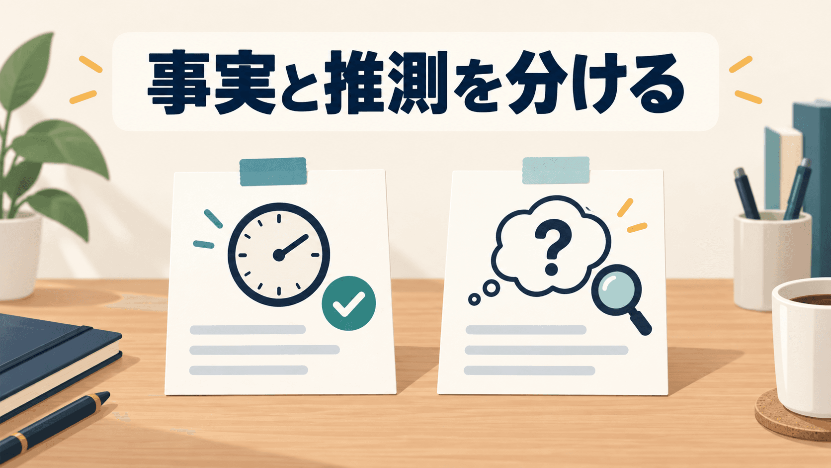 時計とチェック印のメモ、疑問符と虫眼鏡のメモを並べ、見出し「事実と推測を分ける」を添えたイラスト。